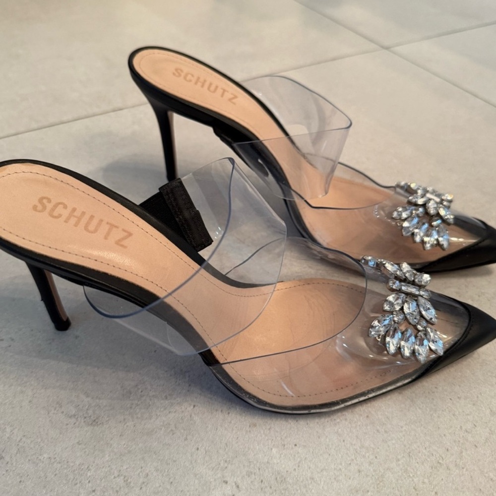 SCHUTZ Black and Gray Stiletto Heels with Rhinestone Detail